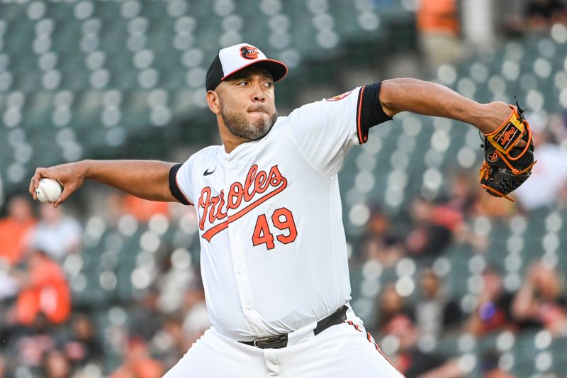 Sep 4, 2024; Baltimore, Maryland, USA;  Baltimore Orioles pitcher Albert Suárez (49) throws a second inning pitch against the Chicago White Sox at Oriole Park at Camden Yards. Mandatory Credit: Tommy Gilligan -Imagn Images