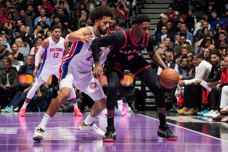 TORONTO, CANADA - NOVEMBER 15: RJ Barrett #9 of the Toronto Raptors dribbles the ball during the game against the Detroit Pistons during the Emirates NBA CUP game  on November 15, 2024 at the Scotiabank Arena in Toronto, Ontario, Canada.  NOTE TO USER: User expressly acknowledges and agrees that, by downloading and or using this Photograph, user is consenting to the terms and conditions of the Getty Images License Agreement.  Mandatory Copyright Notice: Copyright 2024 NBAE (Photo by Mark Blinch/NBAE via Getty Images)