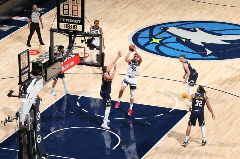 MINNEAPOLIS, MN -  OCTOBER 17: Luka Garza #55 of the Minnesota Timberwolves shoots the ball during the game against the Denver Nuggets during the 2024 NBA Preseason on October 17, 2024 at Target Center in Minneapolis, Minnesota. NOTE TO USER: User expressly acknowledges and agrees that, by downloading and or using this Photograph, user is consenting to the terms and conditions of the Getty Images License Agreement. Mandatory Copyright Notice: Copyright 2024 NBAE (Photo by David Sherman/NBAE via Getty Images)