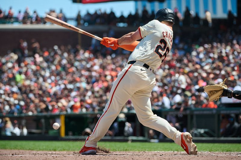 May 19, 2024; San Francisco, California, USA; San Francisco Giants infielder Matt Chapman (26) hits an RBI single against the Colorado Rockies during the fifth inning at Oracle Park. Mandatory Credit: Robert Edwards-USA TODAY Sports