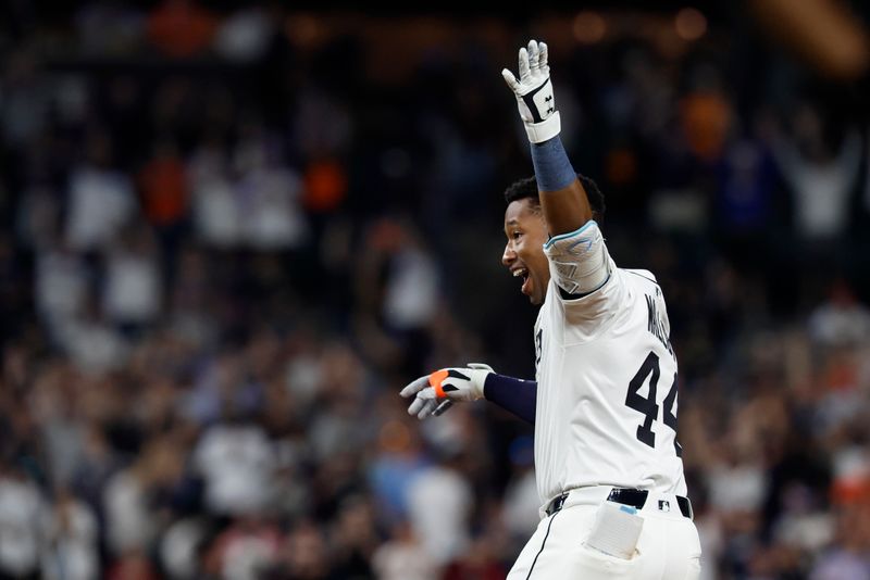 May 14, 2025; Detroit, Michigan, USA;  Detroit Tigers outfielder Justyn-Henry Malloy (44) celebrates after he hits an RBI single in the ninth inning against the Boston Red Sox at Comerica Park. Mandatory Credit: Rick Osentoski-Imagn Images