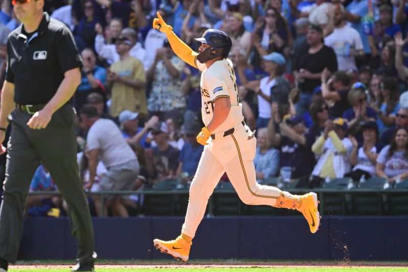 Sep 2, 2024; Milwaukee, Wisconsin, USA;  Milwaukee Brewers shortstop Willy Adames (27) reacts after hitting a 3-run home run in the first inning against the St. Louis Cardinals at American Family Field. Mandatory Credit: Benny Sieu-USA TODAY Sports