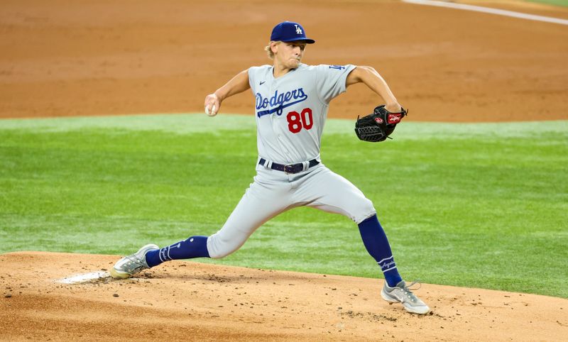 Jul 23, 2023; Arlington, Texas, USA;  Los Angeles Dodgers starting pitcher Emmet Sheehan (80) throws during the first inning against the Texas Rangers at Globe Life Field. Mandatory Credit: Kevin Jairaj-USA TODAY Sports