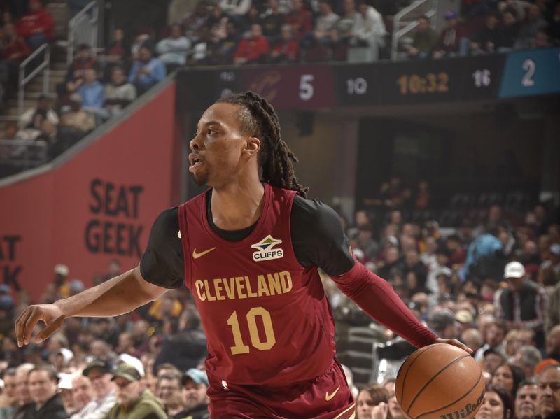 CLEVELAND, OH - JANUARY 5: Darius Garland #10 of the Cleveland Cavaliers handles the ball during the game against the Charlotte Hornets on January 5, 2025 at Rocket Mortgage FieldHouse in Cleveland, Ohio. NOTE TO USER: User expressly acknowledges and agrees that, by downloading and/or using this Photograph, user is consenting to the terms and conditions of the Getty Images License Agreement. Mandatory Copyright Notice: Copyright 2025 NBAE (Photo by David Liam Kyle/NBAE via Getty Images)