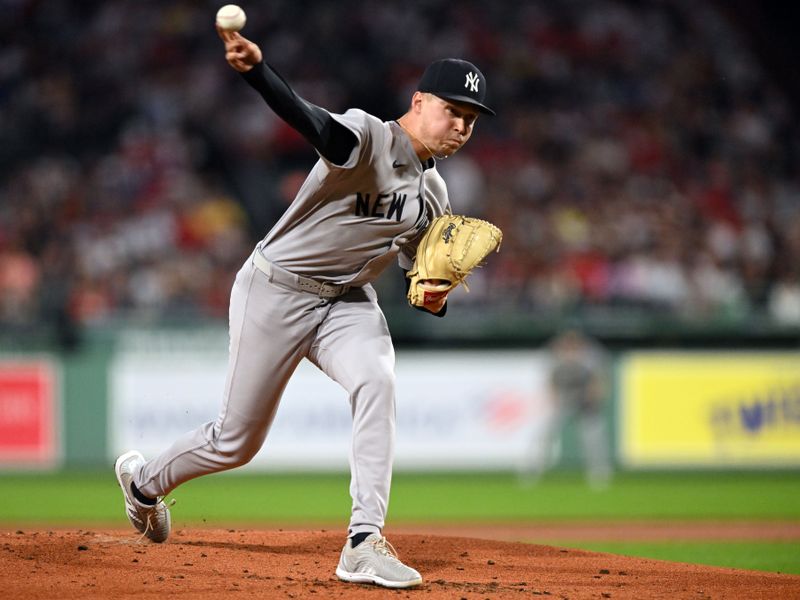 Sep 14, 2025; Boston, Massachusetts, USA;  New York Yankees starting pitcher Will Warren (98) pitches against the Boston Red Sox  during the first inning at Fenway Park. Mandatory Credit: Brian Fluharty-Imagn Images
