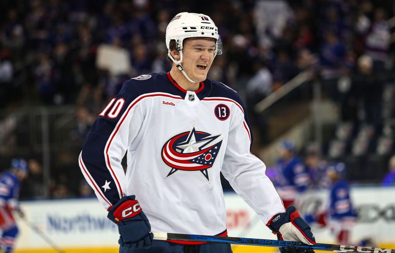 Jan 18, 2025; New York, New York, USA; Columbus Blue Jackets left wing Dmitri Voronkov (10) warms up before the first period against the New York Rangers at Madison Square Garden. Mandatory Credit: Danny Wild-Imagn Images