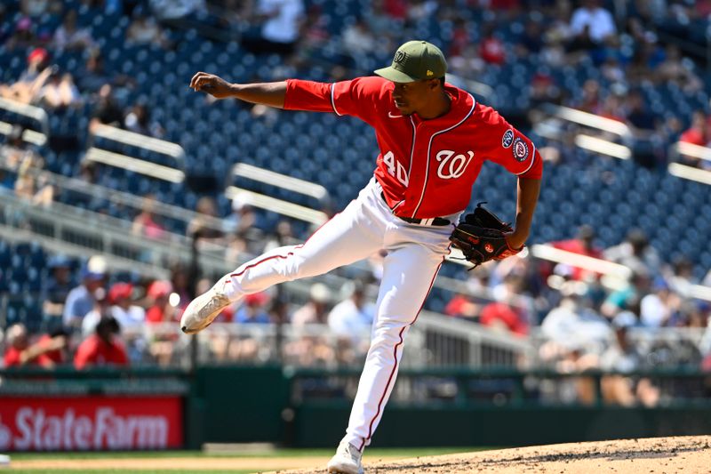 May 21, 2023; Washington, District of Columbia, USA; Washington Nationals starting pitcher Josiah Gray (40) throws to the Detroit Tigers during the third inning at Nationals Park. Mandatory Credit: Brad Mills-USA TODAY Sports