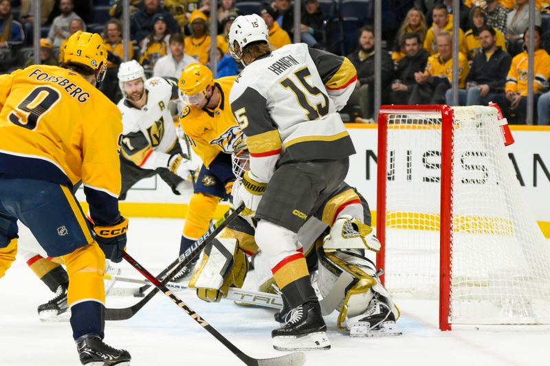 Jan 14, 2025; Nashville, Tennessee, USA;  during the first period at Bridgestone Arena. Mandatory Credit: Steve Roberts-Imagn ImagesNashville Predators center Steven Stamkos (91) scores past Vegas Golden Knights goaltender Ilya Samsonov (35) 