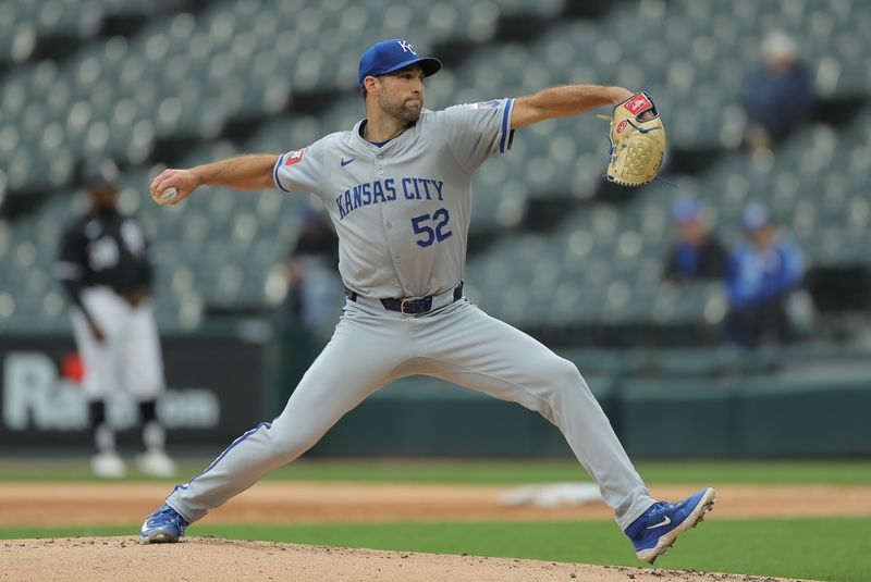 Apr 17, 2024; Chicago, Illinois, USA; Kansas City Royals starting pitcher Michael Wacha (52) throws the ball in the first inning during game two of a double header against the Chicago White Sox at Guaranteed Rate Field. Mandatory Credit: Melissa Tamez-USA TODAY Sports