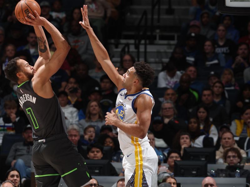 MINNEAPOLIS, MN -  MARCH 24: Kyle Anderson #1 of the Minnesota Timberwolves shoots the ball during the game against the Golden State Warriors on March 24, 2024 at Target Center in Minneapolis, Minnesota. NOTE TO USER: User expressly acknowledges and agrees that, by downloading and or using this Photograph, user is consenting to the terms and conditions of the Getty Images License Agreement. Mandatory Copyright Notice: Copyright 2024 NBAE (Photo by David Sherman/NBAE via Getty Images)