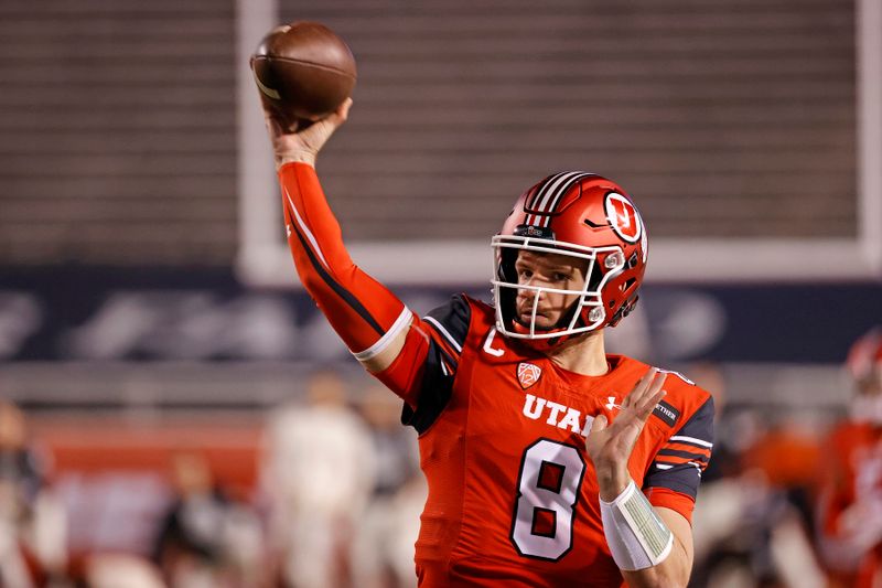 9Dec 5, 2020; Salt Lake City, Utah, USA;  Utah Utes quarterback Jake Bentley (8) prepares for their game against the Oregon State Beavers at Rice-Eccles Stadium. Mandatory Credit: Jeffrey Swinger-USA TODAY Sports