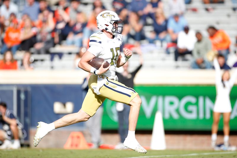 Nov 4, 2023; Charlottesville, Virginia, USA; Georgia Tech Yellow Jackets quarterback Haynes King (10) scores a touchdown against the Virginia Cavaliers during the first half at Scott Stadium. Mandatory Credit: Amber Searls-USA TODAY Sports