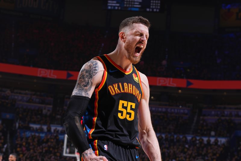 OKLAHOMA CITY, OK - MAY 7:  Isaiah Hartenstein #55 of the Oklahoma City Thunder celebrates during the game against the Denver Nuggets  during Round 2 Game 2 of the  2025 NBA Playoffs  on May 7, 2025 at Paycom Center in Oklahoma City, Oklahoma. NOTE TO USER: User expressly acknowledges and agrees that, by downloading and or using this photograph, User is consenting to the terms and conditions of the Getty Images License Agreement. Mandatory Copyright Notice: Copyright 2025 NBAE (Photo by Garrett Ellwood/NBAE via Getty Images)