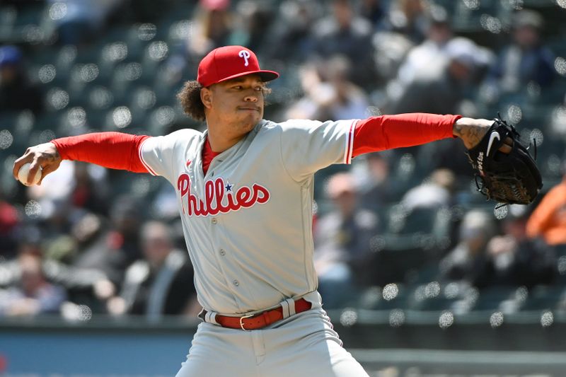 Apr 19, 2023; Chicago, Illinois, USA;  Philadelphia Phillies starting pitcher Taijuan Walker (99) delivers against the Chicago White Sox during the first inning at Guaranteed Rate Field. Mandatory Credit: Matt Marton-USA TODAY Sports