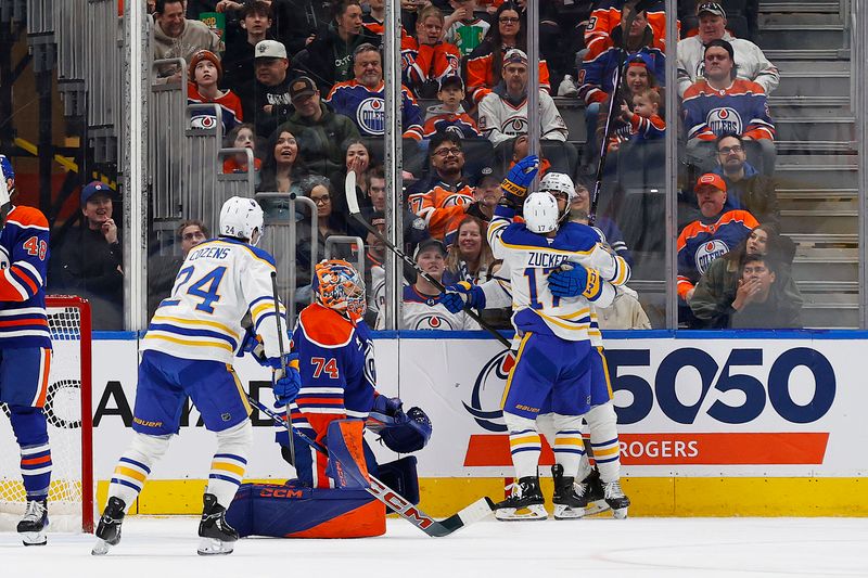 Jan 25, 2025; Edmonton, Alberta, CAN; The Buffalo Sabres celebrate a goal scored by forward Alex Tuch (89) during the first period against there Edmonton Oilers at Rogers Place. Mandatory Credit: Perry Nelson-Imagn Images