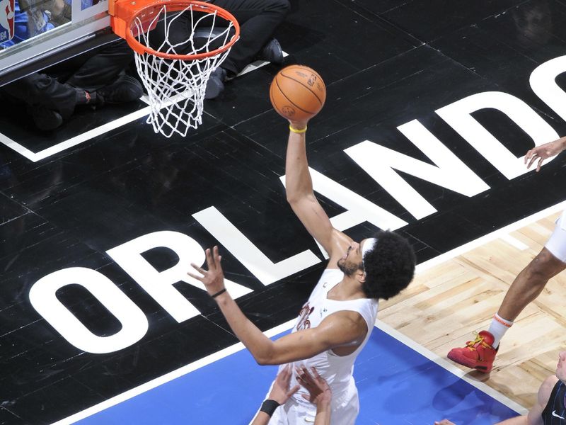 ORLANDO, FL - JANUARY 22: Jarrett Allen #31 of the Cleveland Cavaliers drives to the basket during the game against the Orlando Magic on January 22, 2024 at Kia Center in Orlando, Florida. NOTE TO USER: User expressly acknowledges and agrees that, by downloading and or using this photograph, User is consenting to the terms and conditions of the Getty Images License Agreement. Mandatory Copyright Notice: Copyright 2024 NBAE (Photo by Fernando Medina/NBAE via Getty Images)