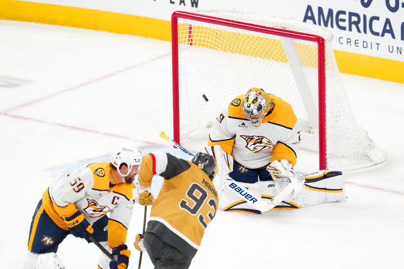Jan 17, 2026; Las Vegas, Nevada, USA; Nashville Predators goaltender Justus Annunen (29) surrenders a goal to Vegas Golden Knights right wing Mitch Marner (93) during the third period at T-Mobile Arena. Mandatory Credit: Stephen R. Sylvanie-Imagn Images