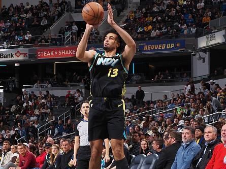 INDIANAPOLIS, IN - DECEMBER 20: Jordan Nwora #13 of the Indiana Pacers shoots a three point basket during the game against the Charlotte Hornets on December 20, 2023 at Gainbridge Fieldhouse in Indianapolis, Indiana. NOTE TO USER: User expressly acknowledges and agrees that, by downloading and or using this Photograph, user is consenting to the terms and conditions of the Getty Images License Agreement. Mandatory Copyright Notice: Copyright 2023 NBAE (Photo by Ron Hoskins/NBAE via Getty Images)