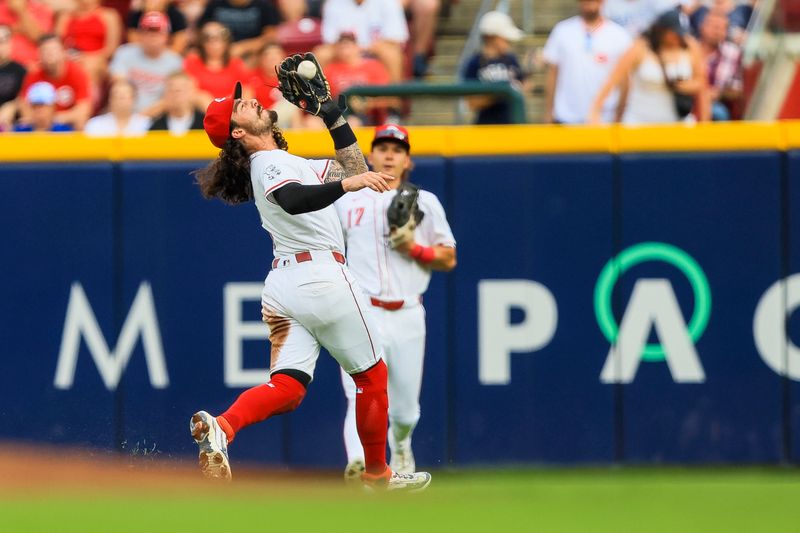 Jul 30, 2024; Cincinnati, Ohio, USA; Cincinnati Reds second baseman Jonathan India (6) catches a pop up hit by Chicago Cubs second baseman Nico Hoerner (not pictured) in the second inning at Great American Ball Park. Mandatory Credit: Katie Stratman-USA TODAY Sports