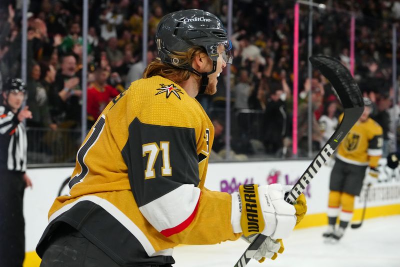 Nov 2, 2023; Las Vegas, Nevada, USA; Vegas Golden Knights center William Karlsson (71) celebrates after scoring a goal against the Winnipeg Jets during the first period at T-Mobile Arena. Mandatory Credit: Stephen R. Sylvanie-USA TODAY Sports