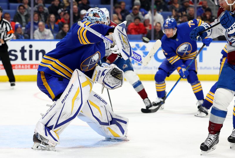 Dec 3, 2024; Buffalo, New York, USA;  Buffalo Sabres goaltender Ukko-Pekka Luukkonen (1) makes a blocker save during the third period against the Colorado Avalanche at KeyBank Center. Mandatory Credit: Timothy T. Ludwig-Imagn Images