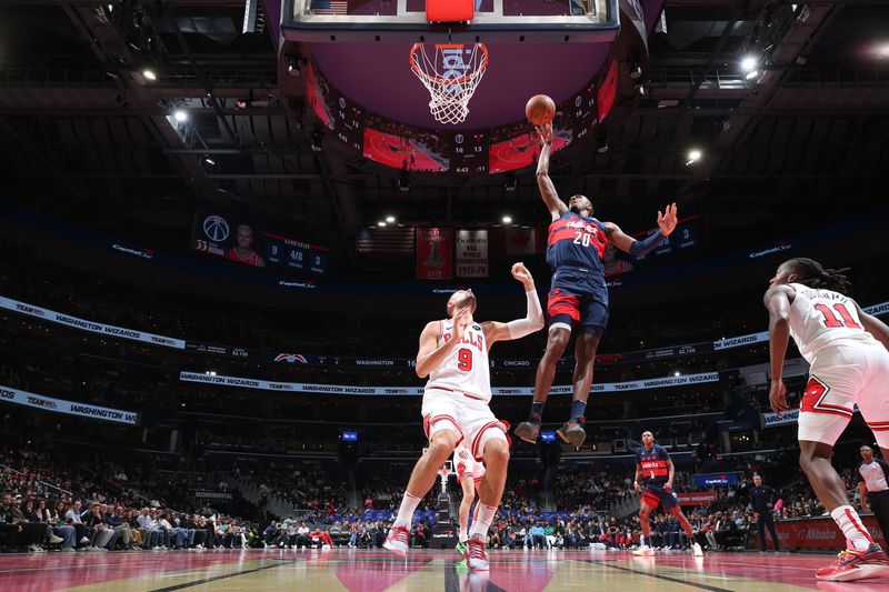 WASHINGTON, DC -? NOVEMBER 26: Alexandre Sarr #20 of the Washington Wizards drives to the basket during the game against the Chicago Bulls during the Emirates NBA Cup game on November 26, 2024 at Capital One Arena in Washington, DC. NOTE TO USER: User expressly acknowledges and agrees that, by downloading and or using this Photograph, user is consenting to the terms and conditions of the Getty Images License Agreement. Mandatory Copyright Notice: Copyright 2024 NBAE (Photo by Stephen Gosling/NBAE via Getty Images)