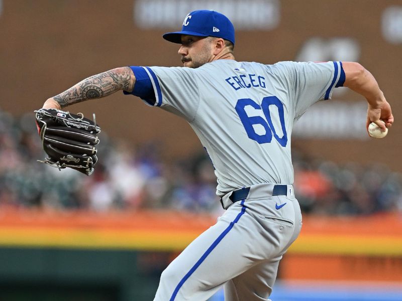 Aug 2, 2024; Detroit, Michigan, USA;  Kansas City Royals pitcher Lucas Erceg (60) throws a pitch against the Detroit Tigers in the sixth inning at Comerica Park.  Mandatory Credit: Lon Horwedel-USA TODAY Sports