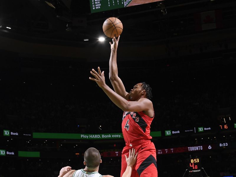 BOSTON, MA - OCTOBER 13: Scottie Barnes #4 of the Toronto Raptors shoots the ball during the game against the Boston Celtics during a NBA pre season game on October 13, 2024 at TD Garden in Boston, Massachusetts. NOTE TO USER: User expressly acknowledges and agrees that, by downloading and/or using this Photograph, user is consenting to the terms and conditions of the Getty Images License Agreement. Mandatory Copyright Notice: Copyright 2024 NBAE (Photo by Brian Babineau/NBAE via Getty Images)