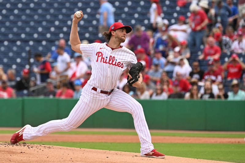 Mar 1, 2024; Clearwater, Florida, USA;  Philadelphia Phillies pitcher Aaron Nola (27) throws a pitch in the first inning of the spring training game against the Miami Marlins at BayCare Ballpark. Mandatory Credit: Jonathan Dyer-USA TODAY Sports