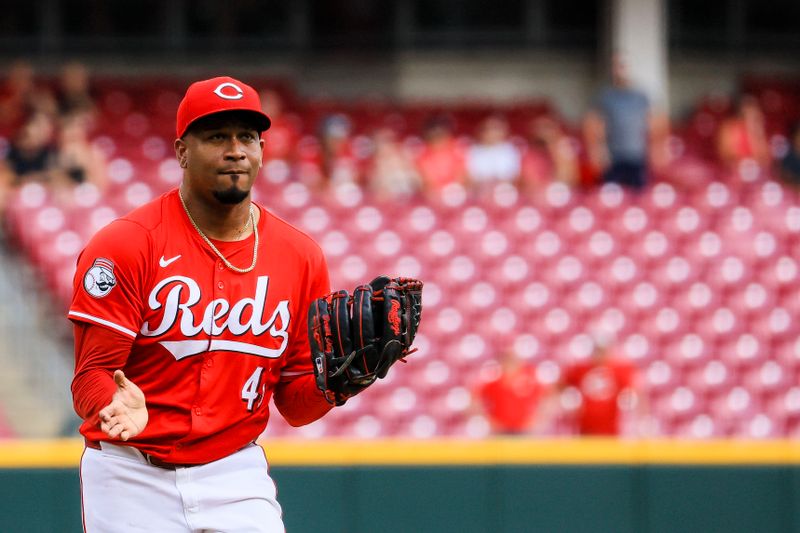 Sep 5, 2024; Cincinnati, Ohio, USA; Cincinnati Reds relief pitcher Alexis Diaz (43) reacts after the victory over the Houston Astros at Great American Ball Park. Mandatory Credit: Katie Stratman-Imagn Images