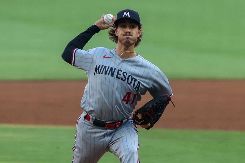 Jun 27, 2023; Atlanta, Georgia, USA; Minnesota Twins starting pitcher Joe Ryan (41) throws against the Atlanta Hawks in the first inning at Truist Park. Mandatory Credit: Brett Davis-USA TODAY Sports