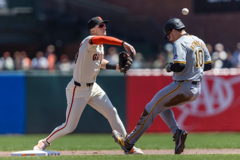 Apr 28, 2024; San Francisco, California, USA;  San Francisco Giants shortstop Tyler Fitzgerald (49) throws to first base after tagging Pittsburgh Pirates left fielder Bryan Reynolds (10) in a failed double play during the first inning at Oracle Park. Mandatory Credit: John Hefti-USA TODAY Sports