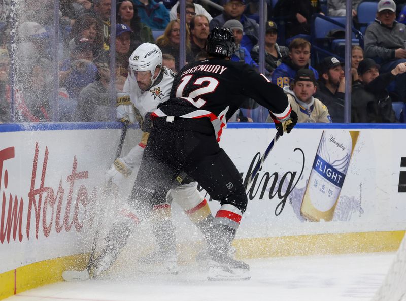 Mar 2, 2024; Buffalo, New York, USA;  Buffalo Sabres left wing Jordan Greenway (12) checks Vegas Golden Knights center Chandler Stephenson (20) as he goes after the puck during the third period at KeyBank Center. Mandatory Credit: Timothy T. Ludwig-USA TODAY Sports