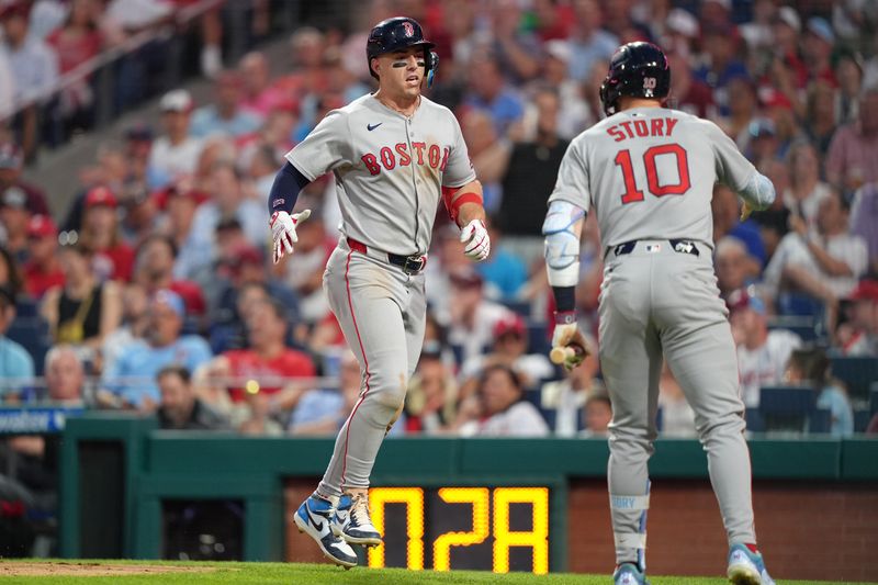 Jul 23, 2025; Philadelphia, Pennsylvania, USA; Boston Red Sox infielder Romy Gonzalez (23) reacts after hitting a grand slam against the Philadelphia Phillies in the fifth inning at Citizens Bank Park. Mandatory Credit: Kyle Ross-Imagn Images