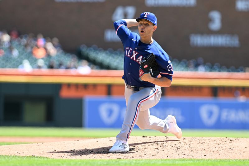 Apr 18, 2024; Detroit, Michigan, USA;  Texas Rangers starting pitcher Jack Leiter (35)
 throws a pitch against the Detroit Tigers in the second inning at Comerica Park. Mandatory Credit: Lon Horwedel-USA TODAY Sports