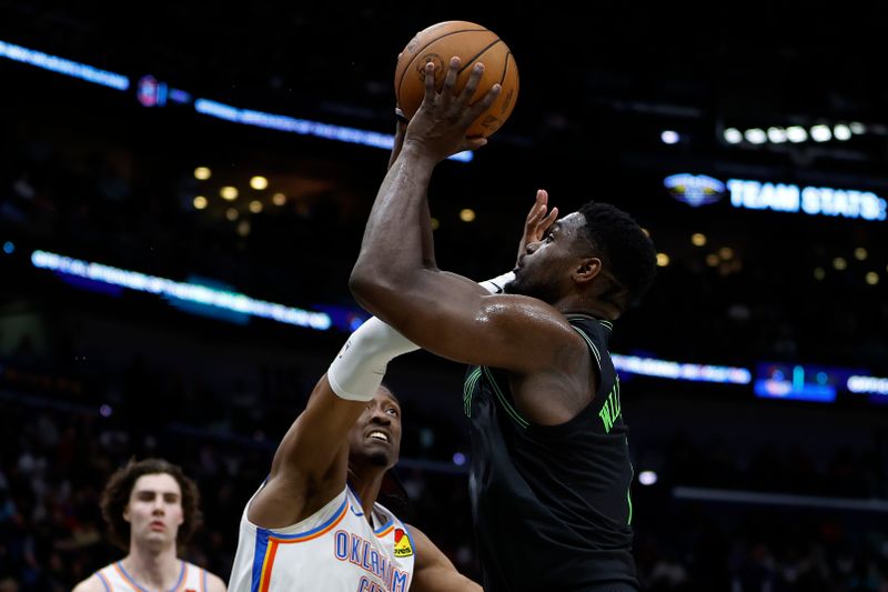 NEW ORLEANS, LOUISIANA - MARCH 26: Zion Williamson #1 of the New Orleans Pelicans drives the ball around Jalen Williams #8 of the Oklahoma City Thunder at Smoothie King Center on March 26, 2024 in New Orleans, Louisiana.  NOTE TO USER: User expressly acknowledges and agrees that, by downloading and or using this photograph, User is consenting to the terms and conditions of the Getty Images License Agreement. (Photo by Chris Graythen/Getty Images)