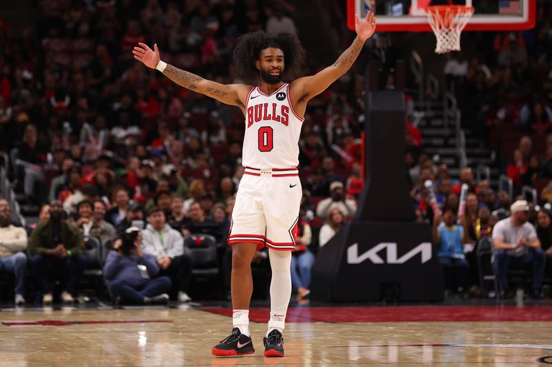 CHICAGO, ILLINOIS - OCTOBER 18: Coby White #0 of the Chicago Bulls reacts against the Cleveland Cavaliers during the second half of a preseason game at the United Center on October 18, 2024 in Chicago, Illinois. NOTE TO USER: User expressly acknowledges and agrees that, by downloading and or using this photograph, User is consenting to the terms and conditions of the Getty Images License Agreement.  (Photo by Michael Reaves/Getty Images)