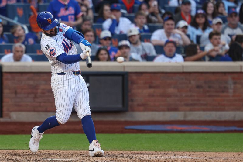 May 26, 2025; New York City, New York, USA; New York Mets catcher Luis Torrens (13) singles during the ninth inning against the Chicago White Sox at Citi Field. Mandatory Credit: Vincent Carchietta-Imagn Images