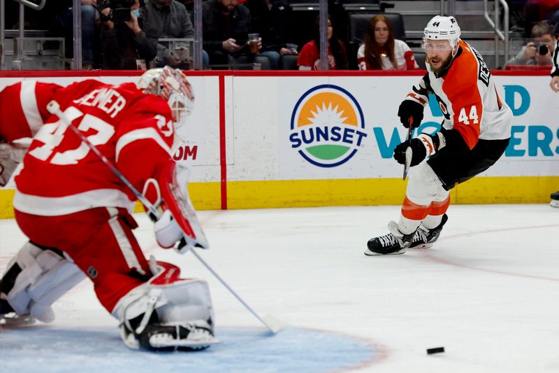 Dec 22, 2023; Detroit, Michigan, USA;  Detroit Red Wings goaltender James Reimer (47) makes a save on Philadelphia Flyers left wing Nicolas Deslauriers (44) in the first period at Little Caesars Arena. Mandatory Credit: Rick Osentoski-USA TODAY Sports