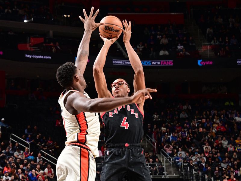 DETROIT, MI - NOVEMBER 24: Scottie Barnes #4 of the Toronto Raptors shoots the ball during the game against the Detroit Pistons on November 24, 2024 at Little Caesars Arena in Detroit, Michigan. NOTE TO USER: User expressly acknowledges and agrees that, by downloading and/or using this photograph, User is consenting to the terms and conditions of the Getty Images License Agreement. Mandatory Copyright Notice: Copyright 2024 NBAE (Photo by Chris Schwegler/NBAE via Getty Images)