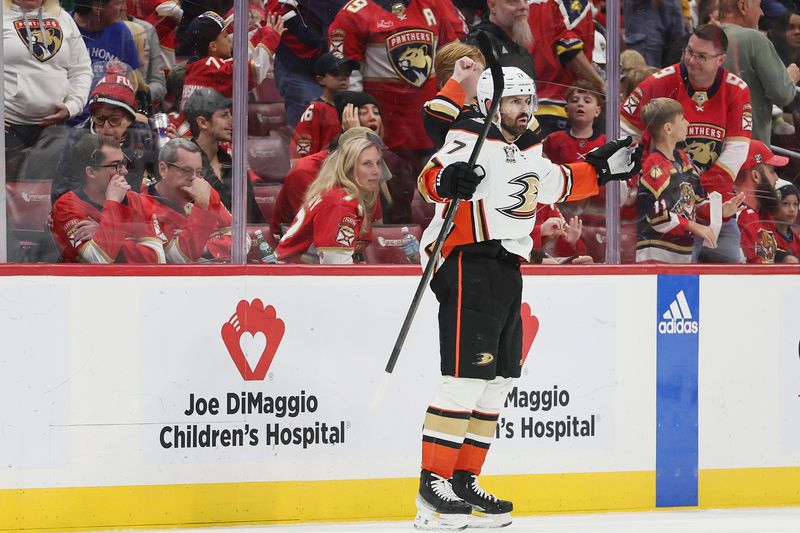 Jan 15, 2024; Sunrise, Florida, USA; Anaheim Ducks left wing Alex Killorn (17) celebrates after scoring the game-winning goal against the Florida Panthers during overtime at Amerant Bank Arena. Mandatory Credit: Sam Navarro-USA TODAY Sports