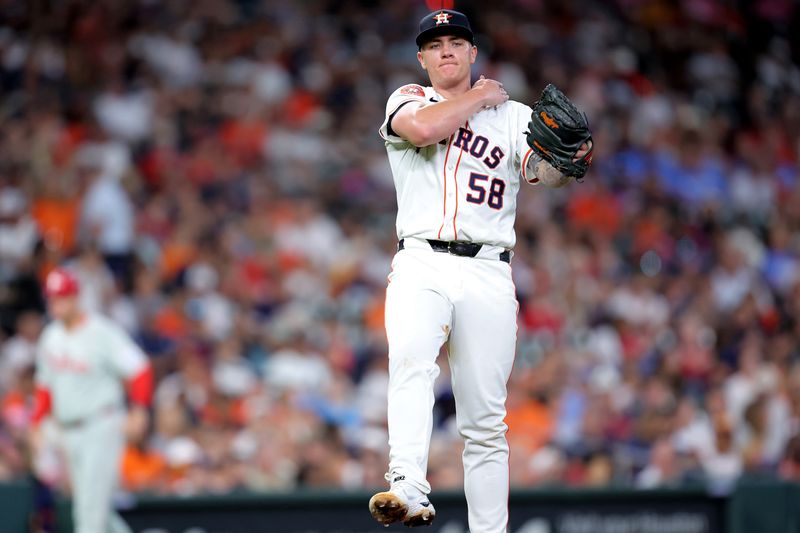 Jun 26, 2025; Houston, Texas, USA; Houston Astros starting pitcher Hunter Brown (58) reacts after a strikeout to retire the side against the Philadelphia Phillies during the sixth inning at Daikin Park. Mandatory Credit: Erik Williams-Imagn Images
