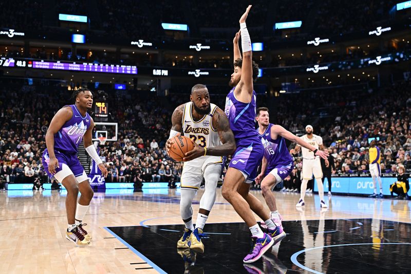 SALT LAKE CITY, UT - DECEMBER 1: LeBron James #23 of the Los Angeles Lakers drives to the basket during the game against the Utah Jazz on December 1, 2024 at Delta Center in Salt Lake City, Utah. NOTE TO USER: User expressly acknowledges and agrees that, by downloading and or using this Photograph, User is consenting to the terms and conditions of the Getty Images License Agreement. Mandatory Copyright Notice: Copyright 2024 NBAE (Photo by Jamie Sabau/NBAE via Getty Images)