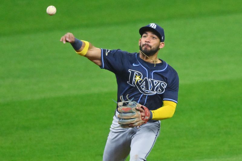 Sep 12, 2024; Cleveland, Ohio, USA; Tampa Bay Rays shortstop Jose Caballero (7) throws to first base in the third inning against the Cleveland Guardians at Progressive Field. Mandatory Credit: David Richard-Imagn Images