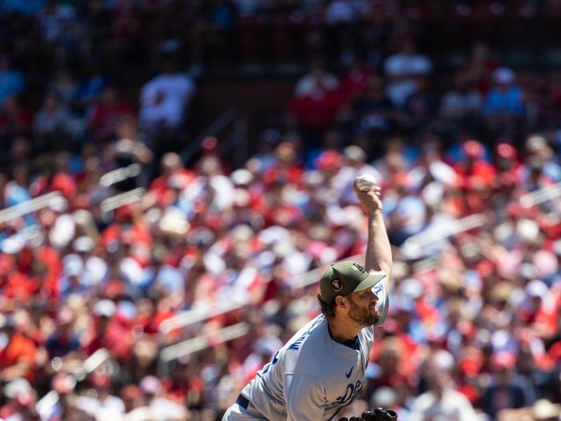 May 21, 2023; St. Louis, Missouri, USA;  Los Angeles Dodgers Clayton Kershaw (22) pitches against the St. Louis Cardinals during the first inning at Busch Stadium. Mandatory Credit: Zach Dalin-USA TODAY Sports