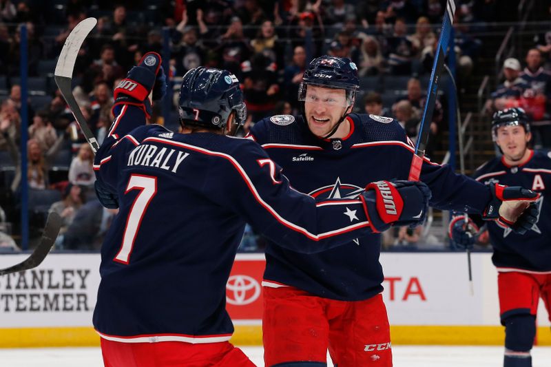 Mar 7, 2024; Columbus, Ohio, USA; Columbus Blue Jackets right wing Mathieu Olivier (24) celebrates his goal against the Edmonton Oilers during the first period at Nationwide Arena. Mandatory Credit: Russell LaBounty-USA TODAY Sports