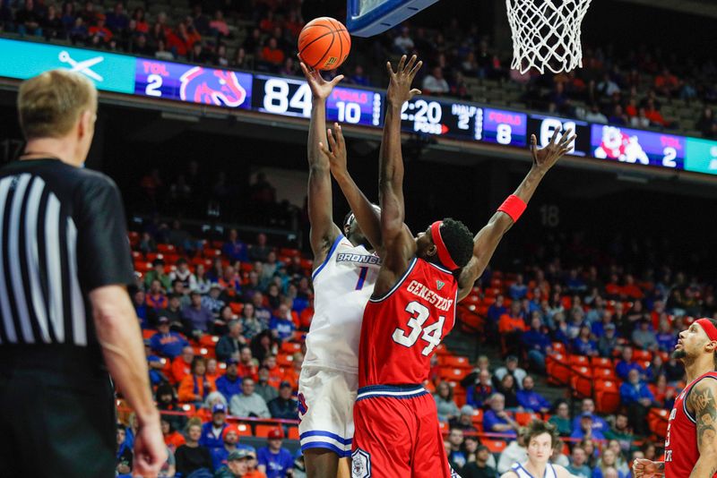 Feb 1, 2024; Boise, Idaho, USA; Boise State Broncos forward O'Mar Stanley (1) shoots hook shot during the second half against the Fresno State Bulldogs at ExtraMile Arena. Boise State defeats Fresno State 90-66. Mandatory Credit: Brian Losness-USA TODAY Sports

