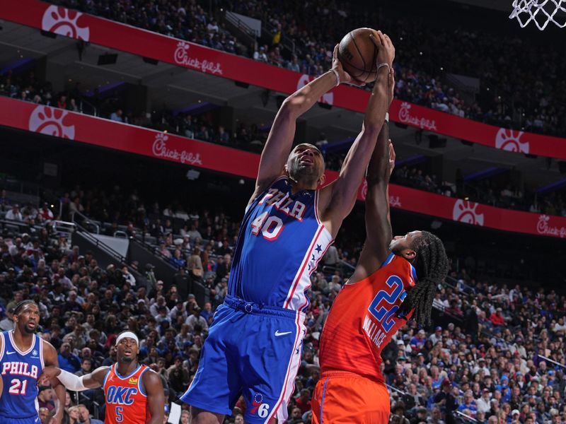 PHILADELPHIA, PA - APRIL 2: Nicolas Batum #40 of the Philadelphia 76ers drives to the basket during the gameagainst the Oklahoma City Thunder on April 2, 2024 at the Wells Fargo Center in Philadelphia, Pennsylvania NOTE TO USER: User expressly acknowledges and agrees that, by downloading and/or using this Photograph, user is consenting to the terms and conditions of the Getty Images License Agreement. Mandatory Copyright Notice: Copyright 2024 NBAE (Photo by Jesse D. Garrabrant/NBAE via Getty Images)