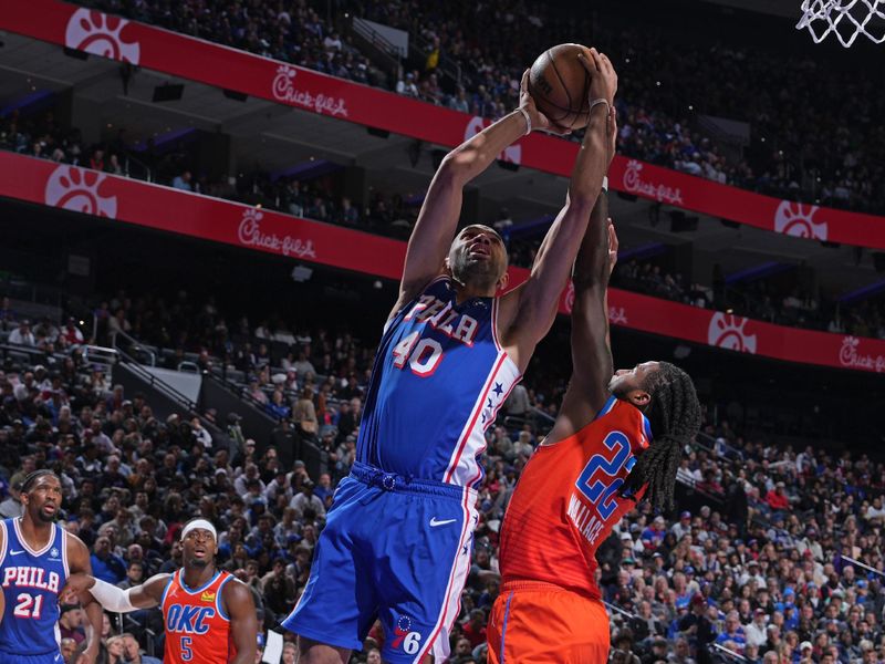 PHILADELPHIA, PA - APRIL 2: Nicolas Batum #40 of the Philadelphia 76ers drives to the basket during the gameagainst the Oklahoma City Thunder on April 2, 2024 at the Wells Fargo Center in Philadelphia, Pennsylvania NOTE TO USER: User expressly acknowledges and agrees that, by downloading and/or using this Photograph, user is consenting to the terms and conditions of the Getty Images License Agreement. Mandatory Copyright Notice: Copyright 2024 NBAE (Photo by Jesse D. Garrabrant/NBAE via Getty Images)