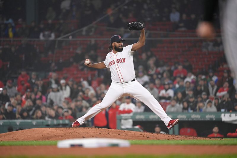 Apr 11, 20024; Boston, Massachusetts, USA; Boston Red Sox pitcher Kenley Jansen (74) pitches against the Baltimore Orioles during the ninth inning at Fenway Park. Mandatory Credit: Eric Canha-USA TODAY Sports